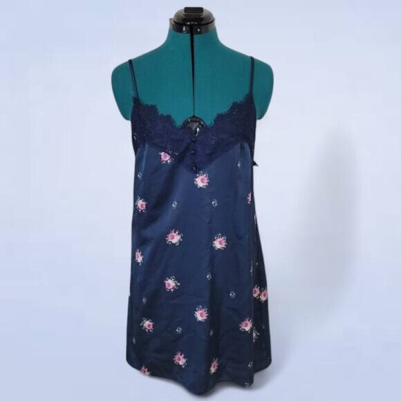 Abercrombie and Fitch Blue Floral Satin Lace V-Neck Slip Dress - Size Small - Picture 2 of 11